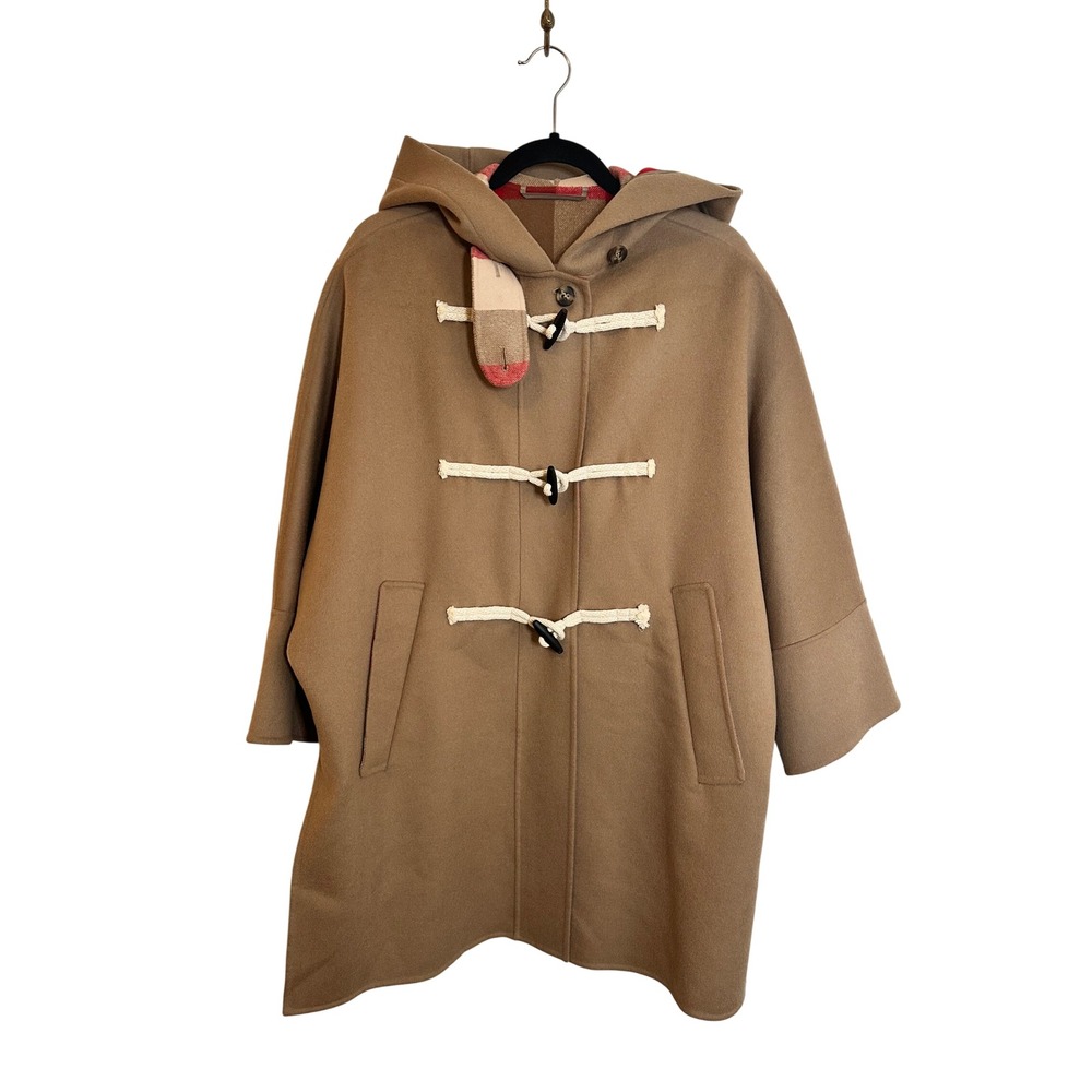 Weekend Max Mara Duffle Coat Size 4 Camel Brown Virgin‎ Wool Hooded Plaid Toggle